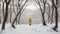 AI-Generated Minimalist Photo: Yellow-Dressed Man\\\'s Silhouette in Snowy Landscape with Trees