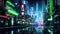 AI Generated Neon-lit cyberpunk city with light green and black streets and buildings