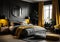 AI-Generated Nordic Elegance: A Black and Yellow Scandinavian Bedroom Retreat