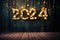 AI generated. Number 2024 year hanging on christmas beautiful stage curtain with festive lights of glowing garland