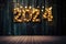 AI generated. Number 2024 year hanging on christmas beautiful stage curtain with festive lights of glowing garland