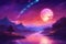 Ai generated painting of a river with stars and planets in the reddish sky shades of purple