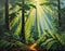 AI generated painting of sun rays cracking through the dense forest and lighting up the trails below