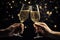 AI generated. People hands clinking glasses with champagne or white wine on festive Christmas bokeh background