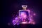 AI-generated photo: Woman\\\'s perfume bottle with delicate flowers on dark background