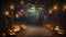 AI generated, photorealistic Halloween background during a dark night. Illuminated pumkins with scary faces