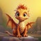 AI generated, photorealistic illustration, cute sweet baby dragon sitting and smiling. Animated movie character.