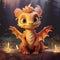 AI generated, photorealistic illustration, cute sweet baby dragon sitting and smiling. Animated movie character.