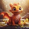 AI generated, photorealistic illustration, cute sweet baby dragon sitting and smiling. Animated movie character.