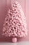 AI generated. Pink Christmas Tree decorated with fluffy toy balls on pink wall