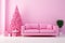 AI generated. Pink Christmas Tree decorated with toy balls on pink wall and present gift boxes