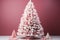 AI generated. Pink Christmas Tree with present gift boxes decorated with toy balls on pink wall