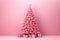 AI generated. Pink Christmas Tree with present gift boxes decorated with toy balls on pink wall