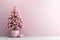 AI generated. Pink Christmas Tree with present gift boxes decorated with toy balls on pink wall