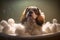 AI generated puppy cavalier king charles spaniel in the bath with colored foam