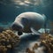 AI generated realistic image of a Dugong at the sea bed