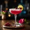 AI generated refreshing pink  cocktail garnished with raspberries and a lime