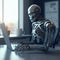 AI Generated. Robot cyborg using a laptop sitting in an office during day