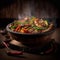 AI Generated. Rustic stir-fried with chicken pork and vegetables amazing looking dish