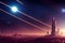 AI generated of a scifi concept illustration with tall buildings and astronomical elements