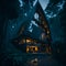 Ai generated a secluded cabin nestled in a dark forest at night