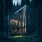 Ai generated a secluded cabin surrounded by a dense forest under a starry night sky