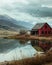 AI-Generated Serene Image of Red Wooden House by a Lake