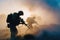 AI generated silhouettes of army soldiers attacking in smoke against sunset marines team in action