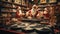 AI Generated. Small figures of cheerful Santa Clauses in a music store festively decorated for the New Year.