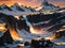 AI generated snow clad mountain ranges and the melting glaciers lit with setting sun rays