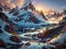 AI generated snow clad mountain ranges and the melting glaciers with the sunset at the backdrop