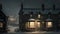 AI generated snowy village scene with twinkling lights in the windows and a warm glow emanating from the fireplace in each house