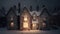 AI generated snowy village scene with twinkling lights in the windows and a warm glow emanating from the fireplace in each house