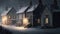 AI generated snowy village scene with twinkling lights in the windows and a warm glow emanating from the fireplace in each house