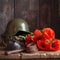 AI generated Still life with old military equipment and poppies on wooden background