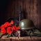 AI generated Still life with old military equipment and poppies on wooden background