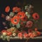 AI generated Still life with red poppies in vase on dark background