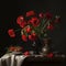 AI generated Still life with red poppies in vase on dark background