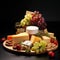 Ai generated stylish cheese eco plate with various types of Italian cheese, glasses of wine.