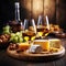 Ai generated stylish .cheese eco plate with various types of Italian cheese, glasses of wine