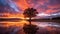 AI generated tranquil lake scene with tall tree at sunset