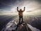 AI generated triumphant man in warm clothes and with arms raised standing on mountain top
