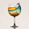 AI-generated tropical sunset inside glass of wine