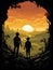 AI-Generated: Two Boys Embracing the Sunset on a Mysterious Road