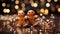 AI generated. Two figures of dancing cute gingerbread men on a blurry festive Christmas background with garland lights.