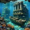 AI generated underwater ruins of an ancient structure with shipwreck remains and fishes swimming around