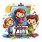 AI generated. Vector illustration. Children standing in front of a painting showing their work.