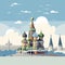 AI generated, vector illustration, flat style, view on the St. Basil’s Cathedral in Moscow, the capital of Russia. Flat design