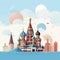 AI generated, vector illustration, flat style, view on the St. Basil’s Cathedral in Moscow, the capital of Russia. Flat design