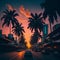 Ai generated a vibrant city street lined with tall palm trees at the golden hour of sunset